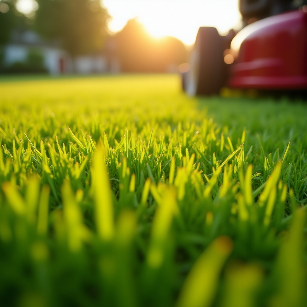 Close-up of lawn mower cutting grass on residential property