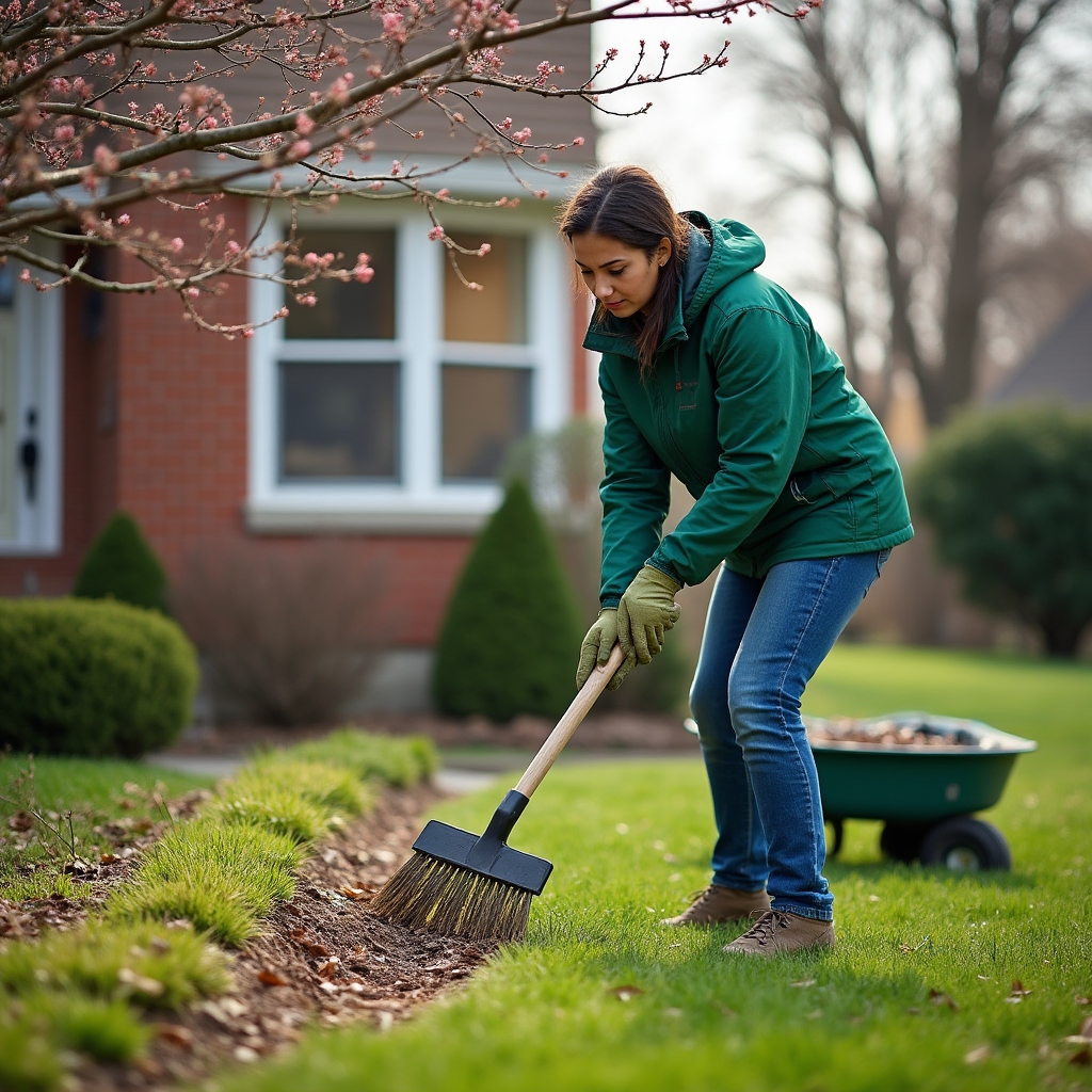 Spring seasonal yard cleanup with debris removal on residential property