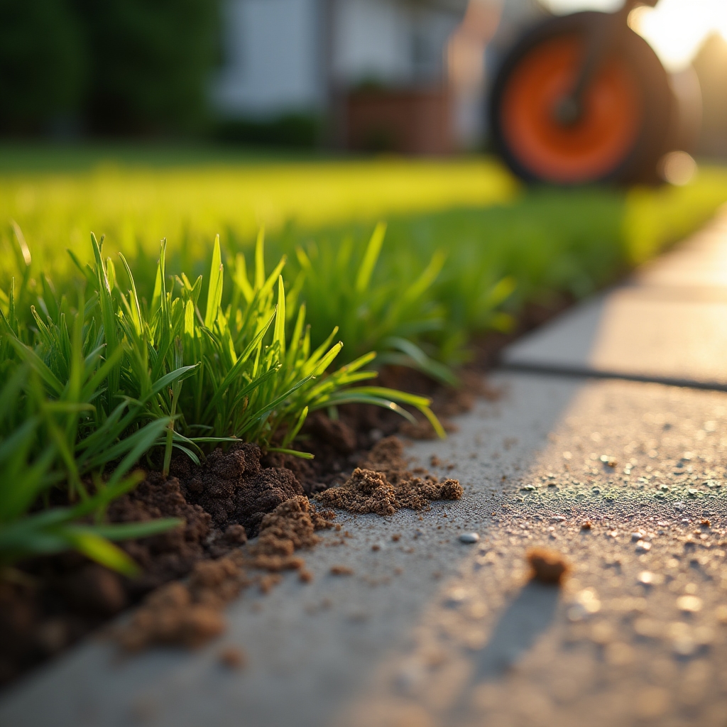 Close-up of professional lawn edging along a driveway